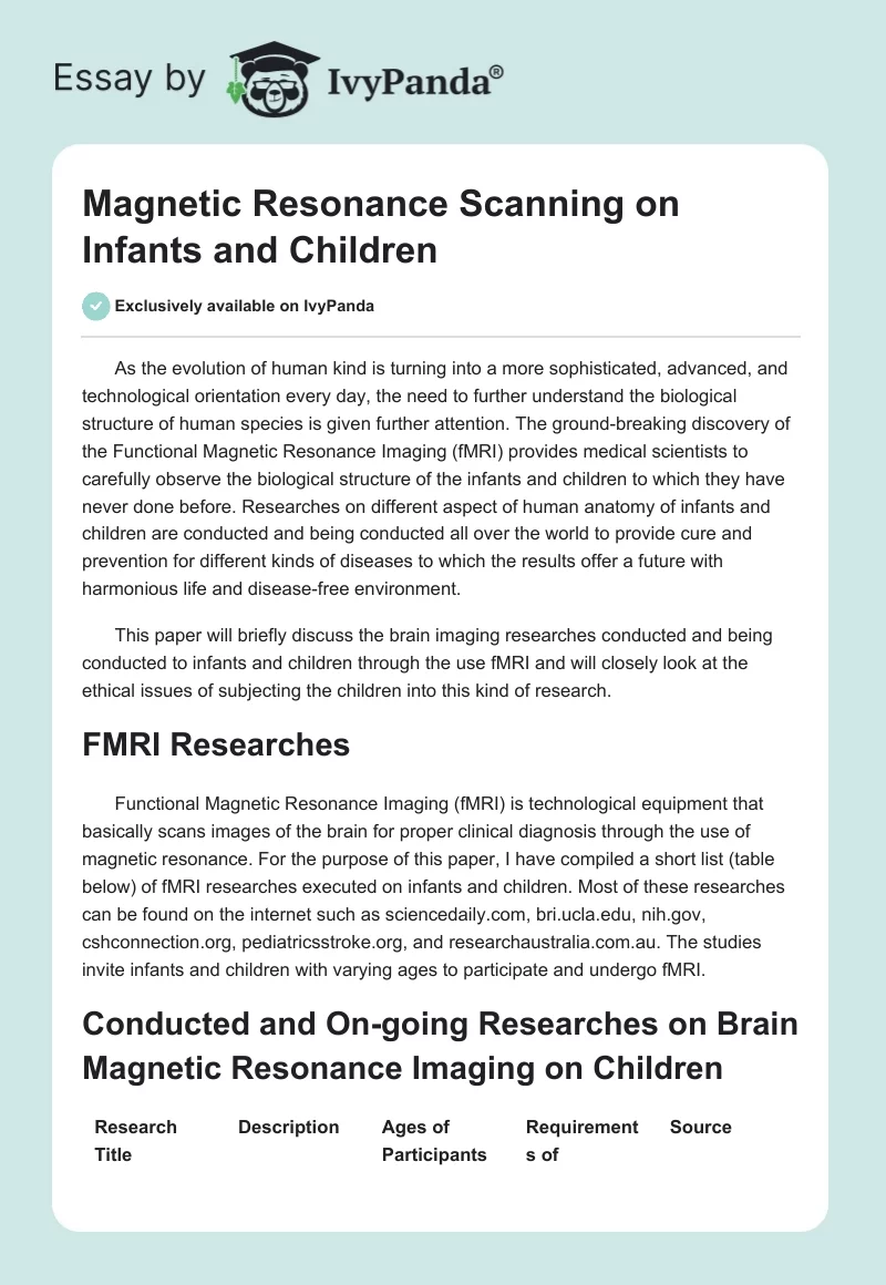 Magnetic Resonance Scanning on Infants and Children. Page 1