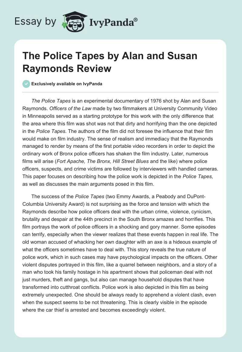 The Police Tapes by Alan and Susan Raymonds Review. Page 1