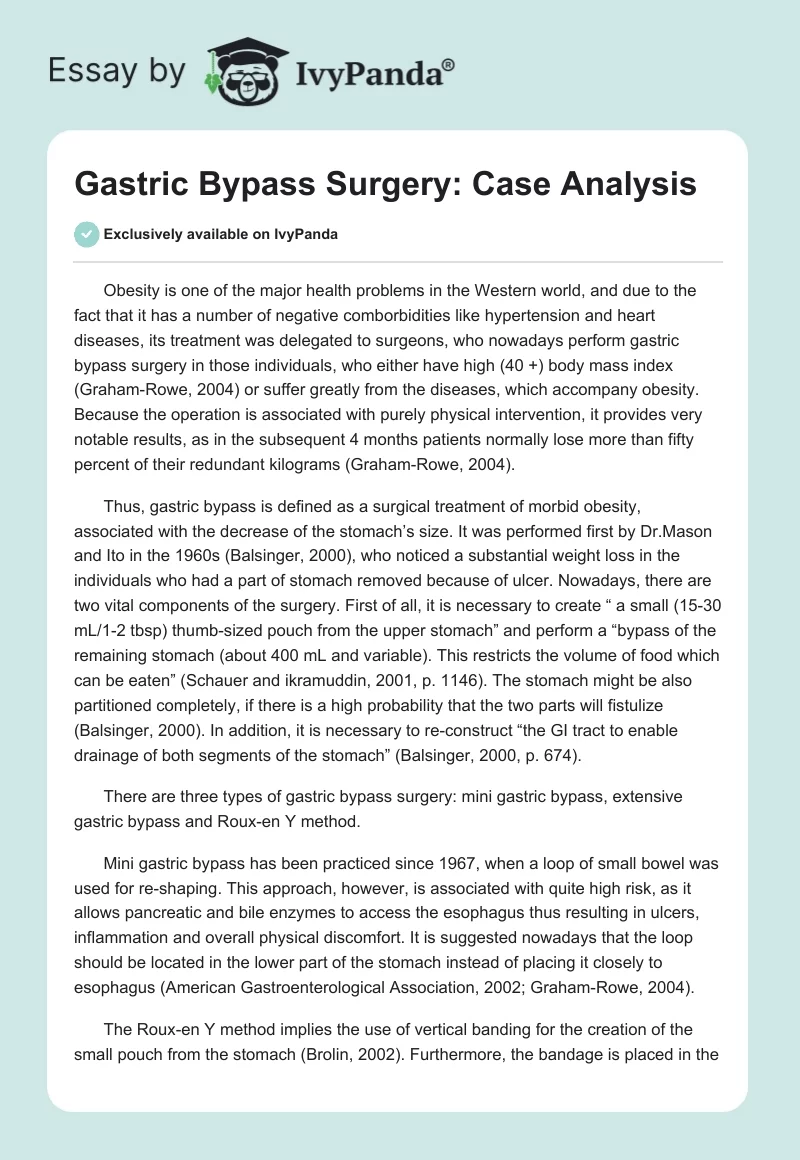 Gastric Bypass Surgery: Case Analysis. Page 1