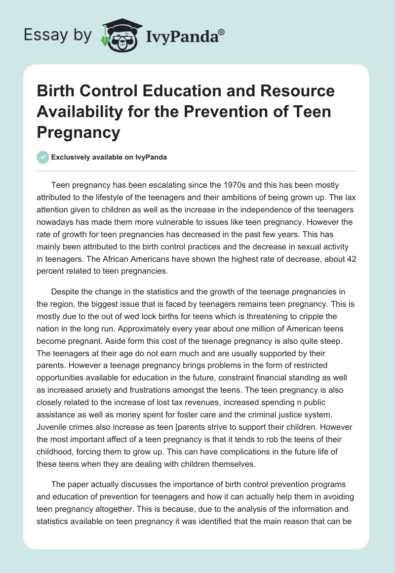 Birth Control Education and Resource Availability for the Prevention of Teen Pregnancy. Page 1