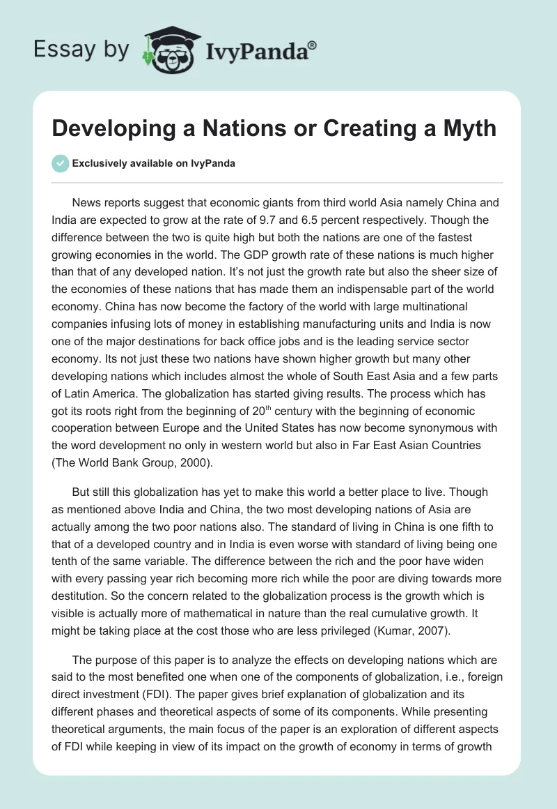 Developing a Nations or Creating a Myth. Page 1