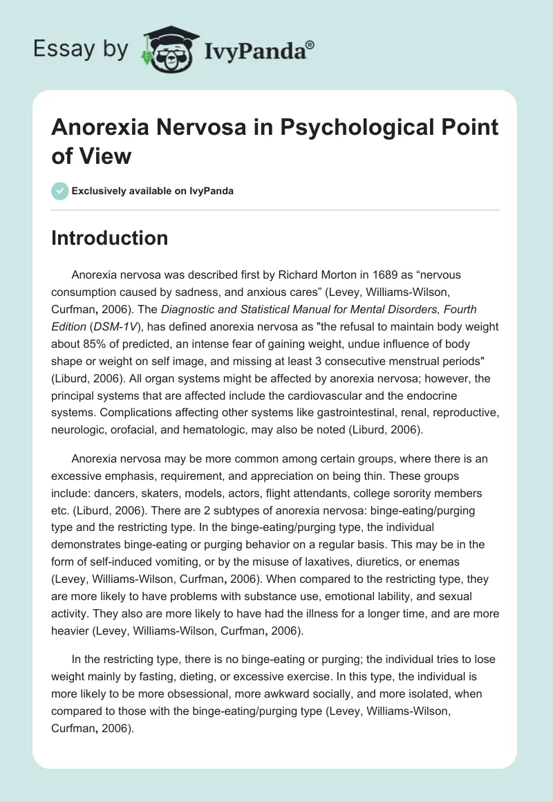 Anorexia Nervosa in Psychological Point of View. Page 1