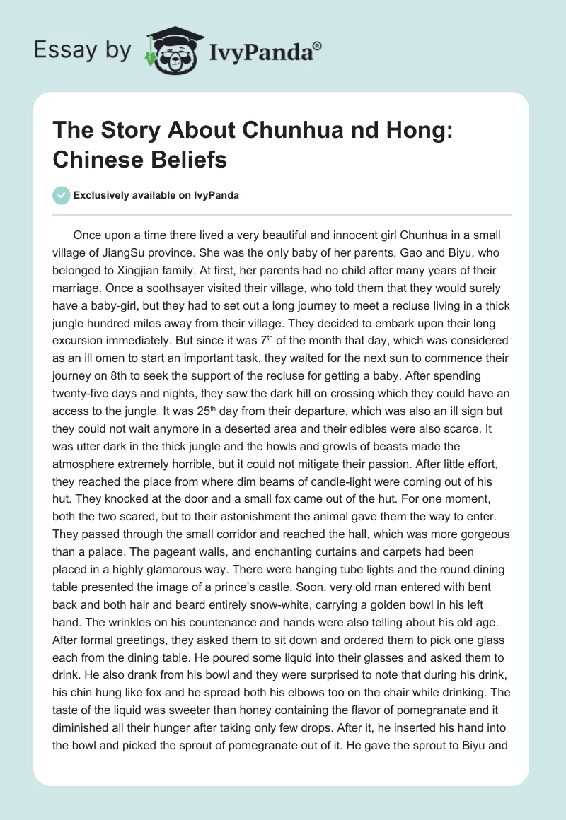 The Story About Chunhua nd Hong: Chinese Beliefs. Page 1