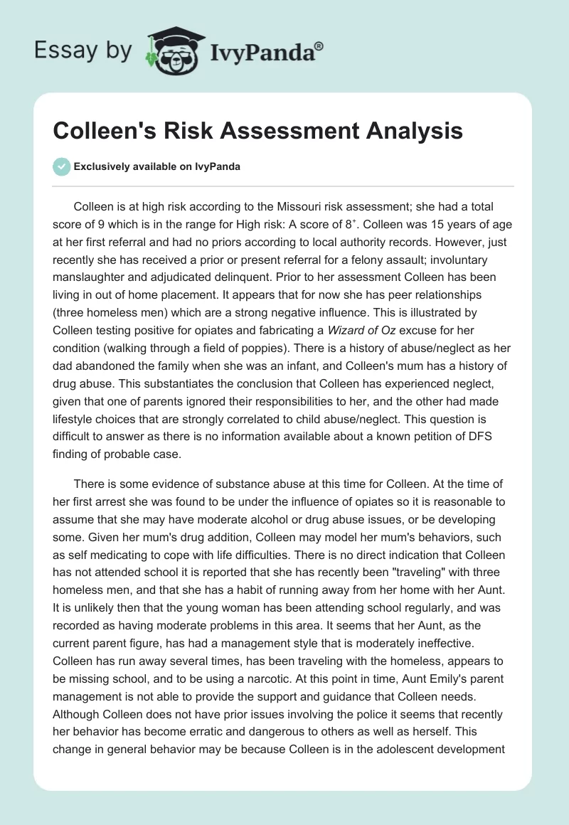 Colleen's Risk Assessment Analysis. Page 1