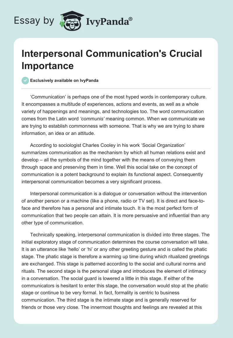 Interpersonal Communication's Crucial Importance. Page 1
