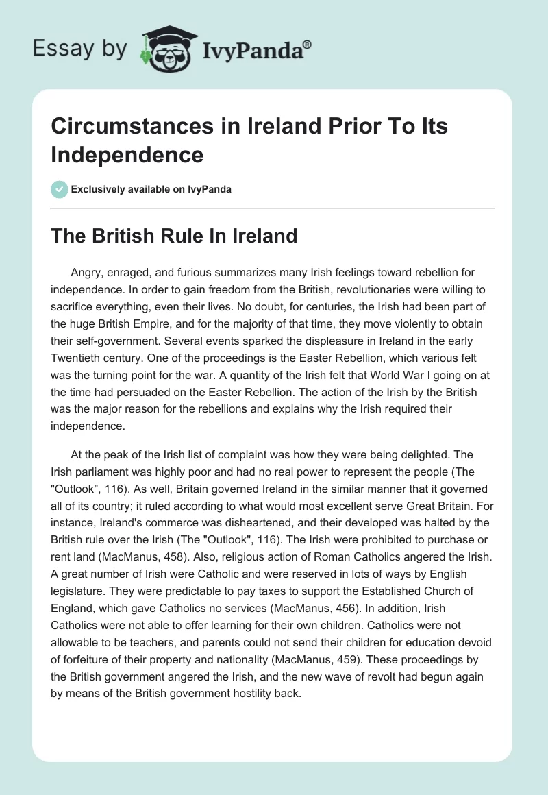 Circumstances in Ireland Prior To Its Independence. Page 1