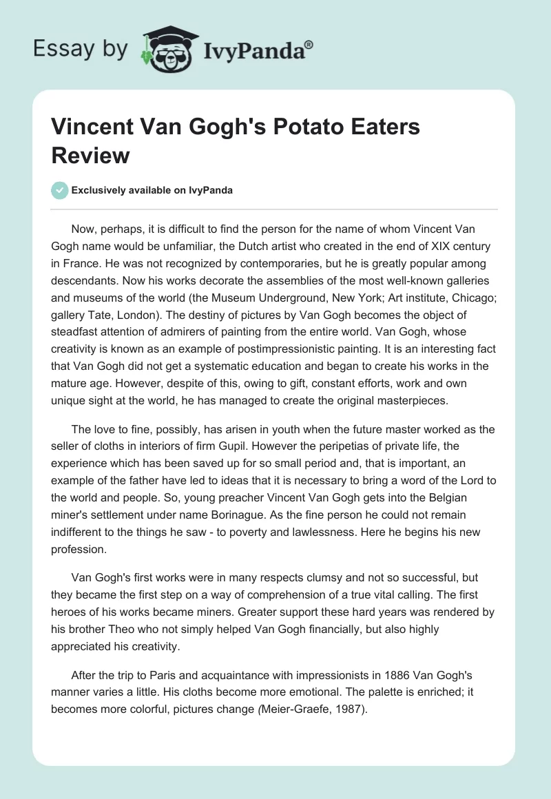 Vincent van Gogh's "Potato Eaters" Review. Page 1