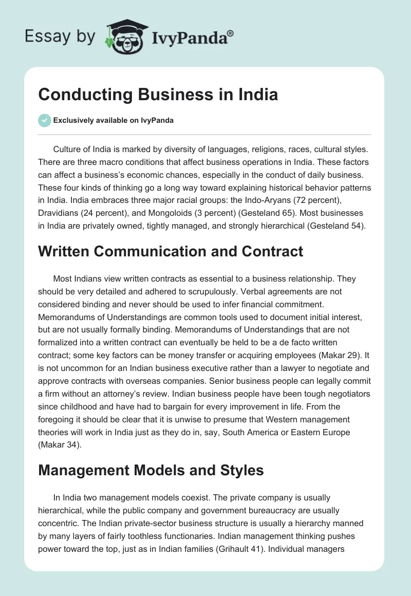 Conducting Business in India. Page 1