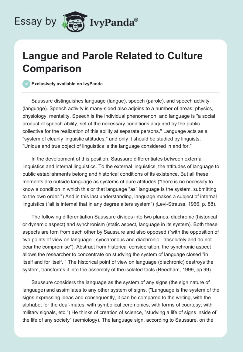 Langue and Parole Related to Culture Comparison. Page 1