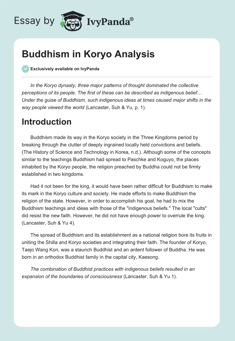Buddhism in Koryo Analysis. Page 1