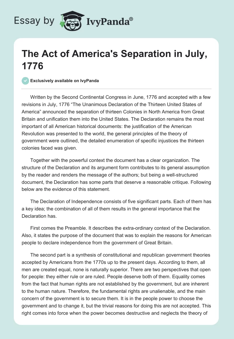The Act of America's Separation in July, 1776. Page 1