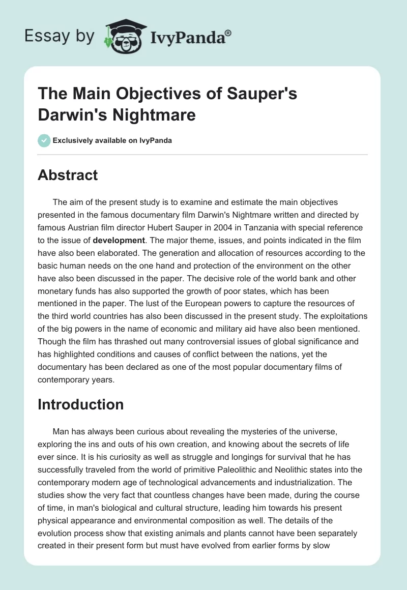 The Main Objectives of Sauper's "Darwin's Nightmare". Page 1