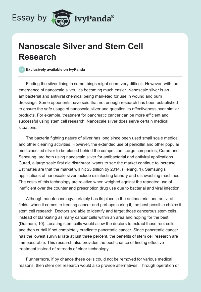 Nanoscale Silver and Stem Cell Research. Page 1