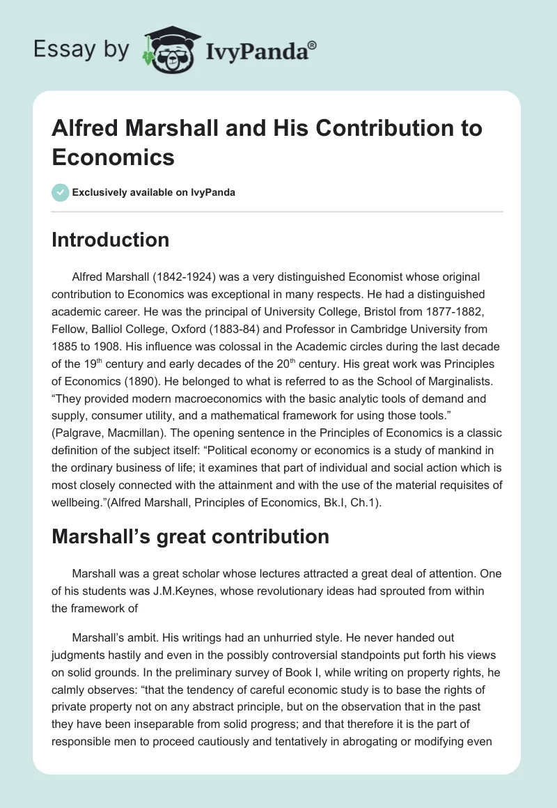 Alfred Marshall and His Contribution to Economics. Page 1