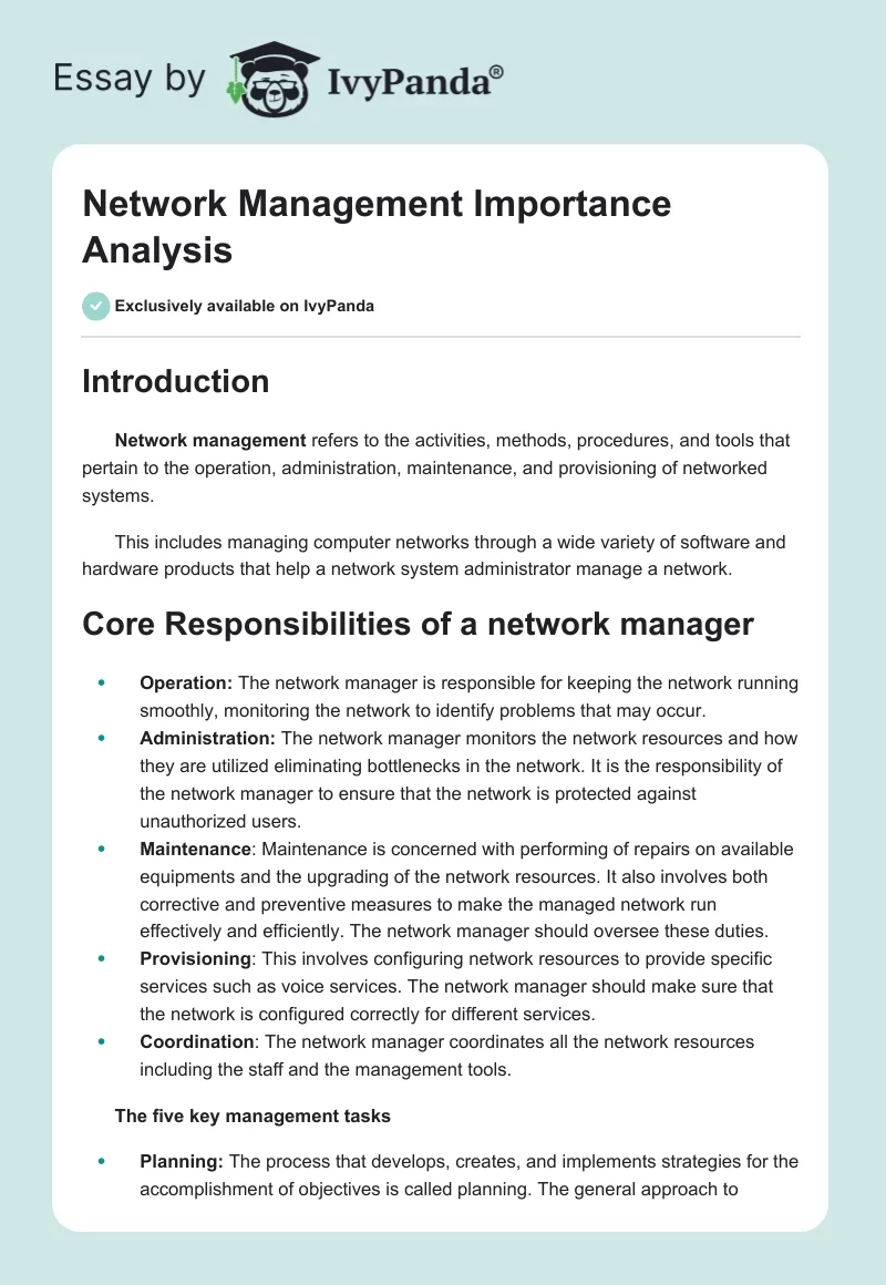 Network Management Importance Analysis. Page 1