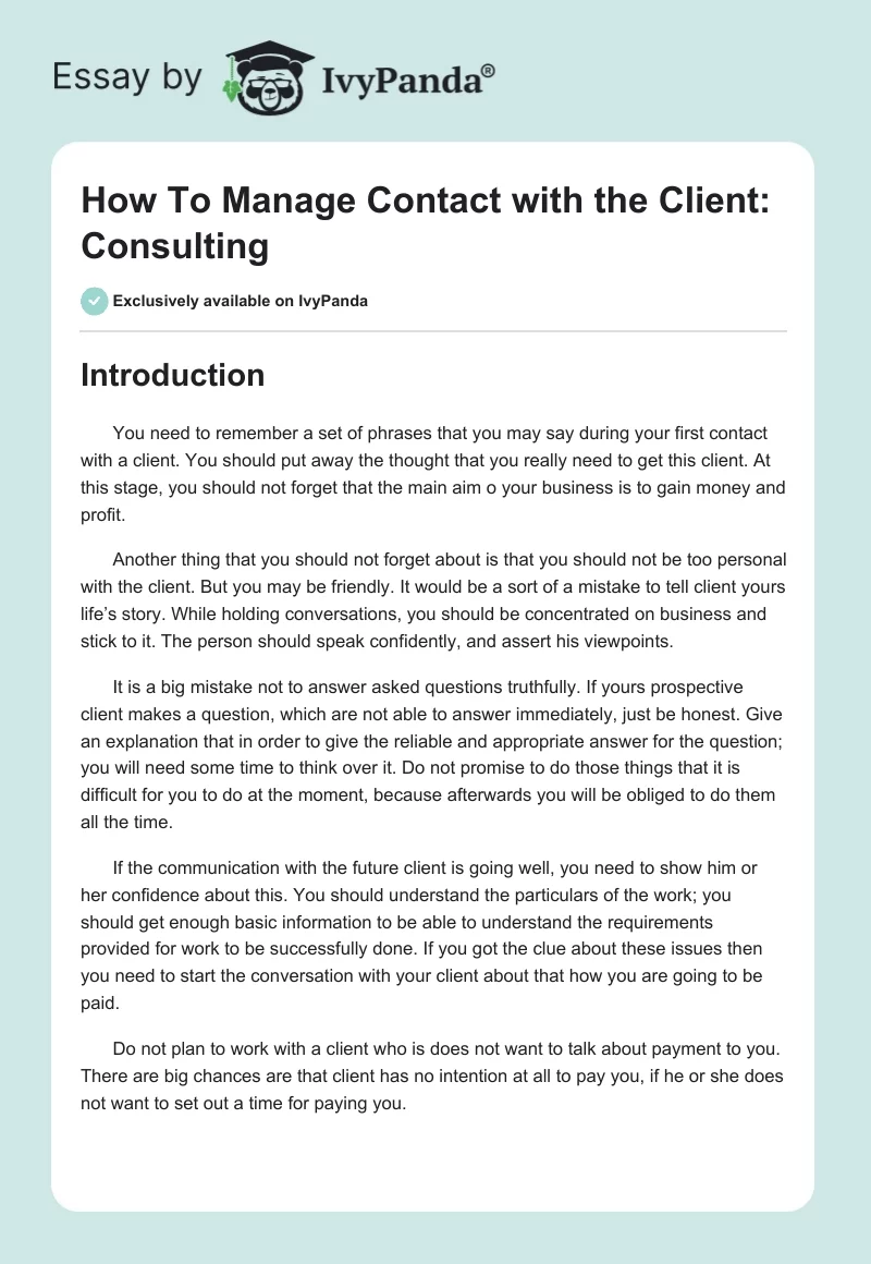 How To Manage Contact with the Client: Consulting. Page 1