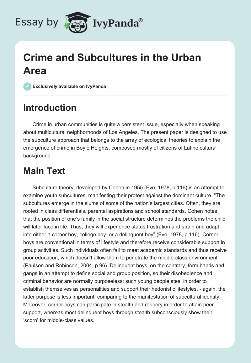 Crime and Subcultures in the Urban Area. Page 1