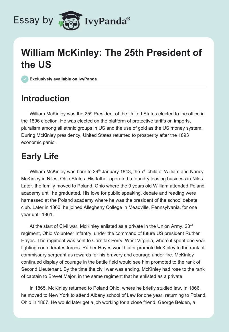William McKinley: The 25th President of the US. Page 1