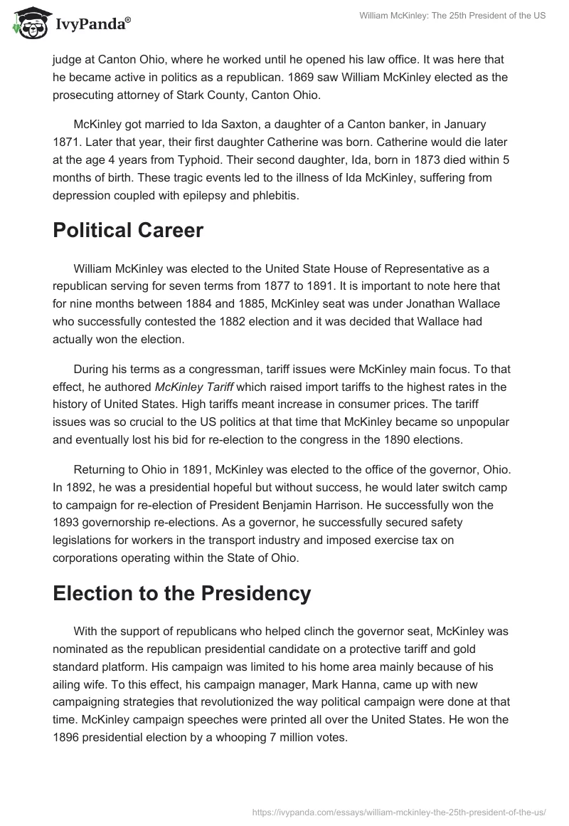 William McKinley: The 25th President of the US. Page 2