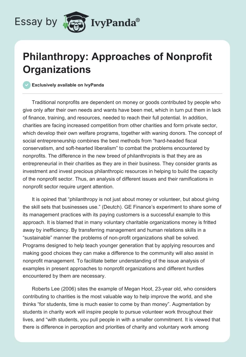 Philanthropy: Approaches of Nonprofit Organizations. Page 1