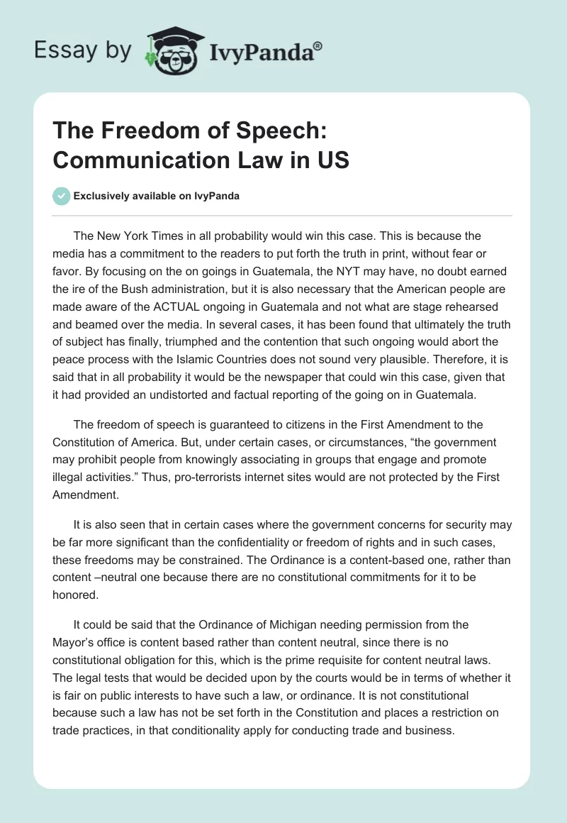 The Freedom of Speech: Communication Law in US. Page 1