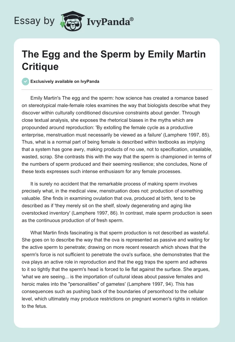 "The Egg and the Sperm" by Emily Martin Critique. Page 1