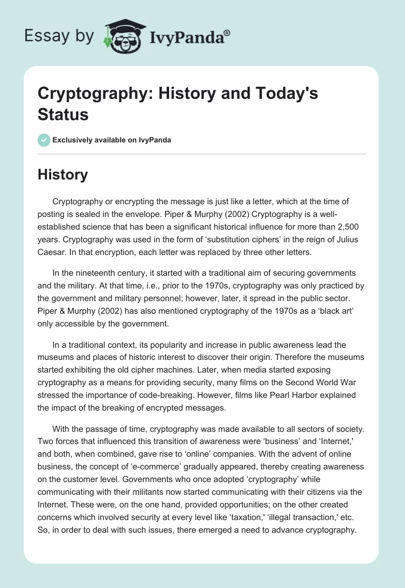 Cryptography: History and Today's Status. Page 1