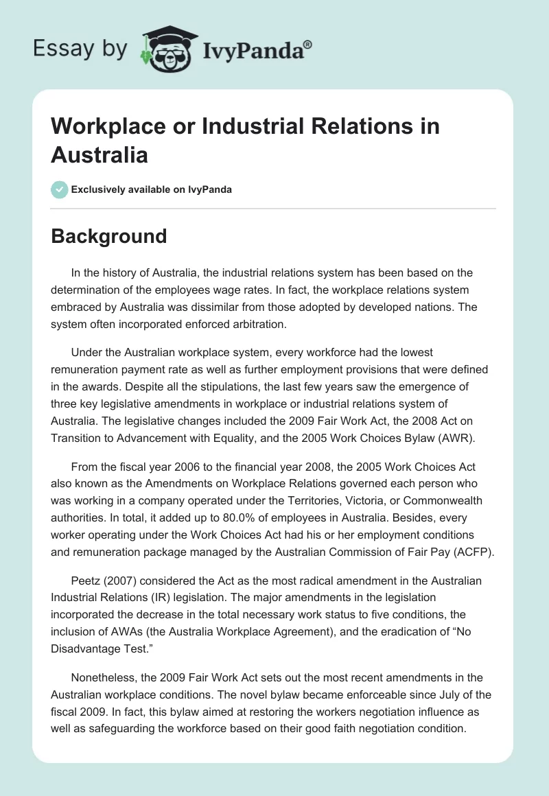 Workplace or Industrial Relations in Australia. Page 1