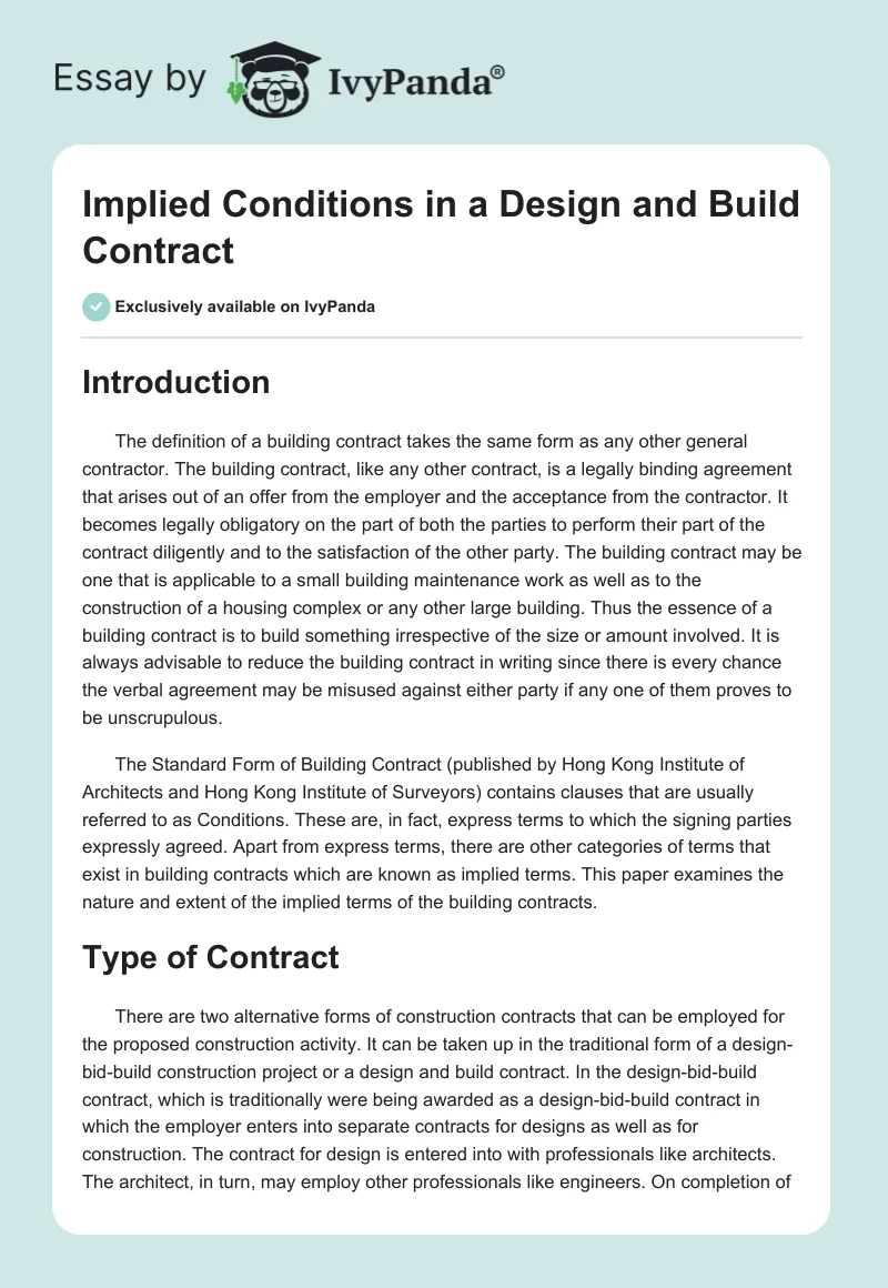 Implied Conditions in a Design and Build Contract. Page 1
