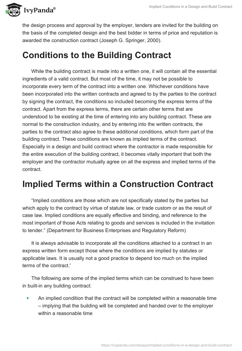 Implied Conditions in a Design and Build Contract. Page 2