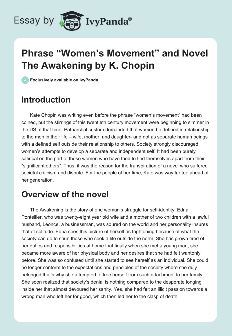 Phrase “Women’s Movement” and Novel "The Awakening" by K. Chopin. Page 1