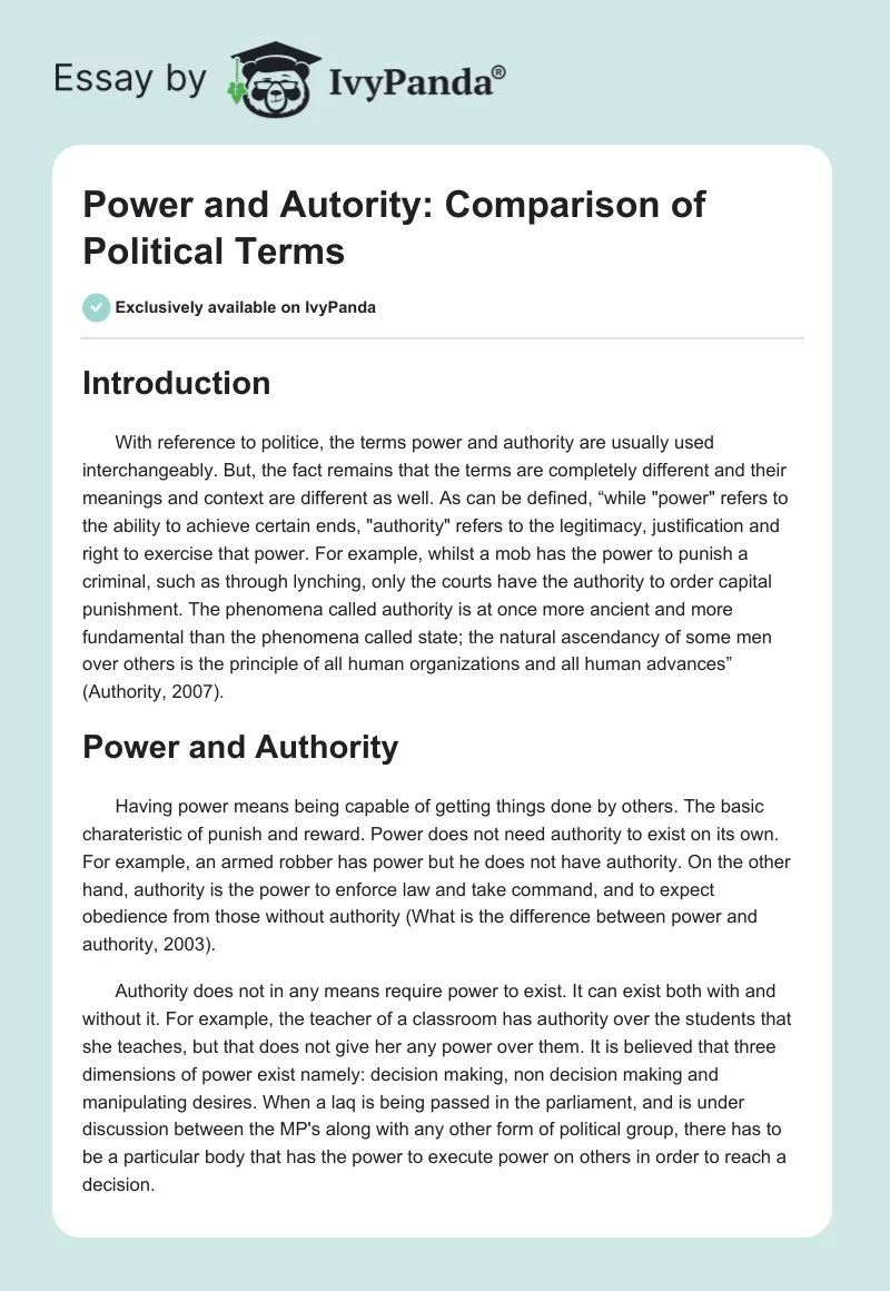 Power and Autority: Comparison of Political Terms. Page 1
