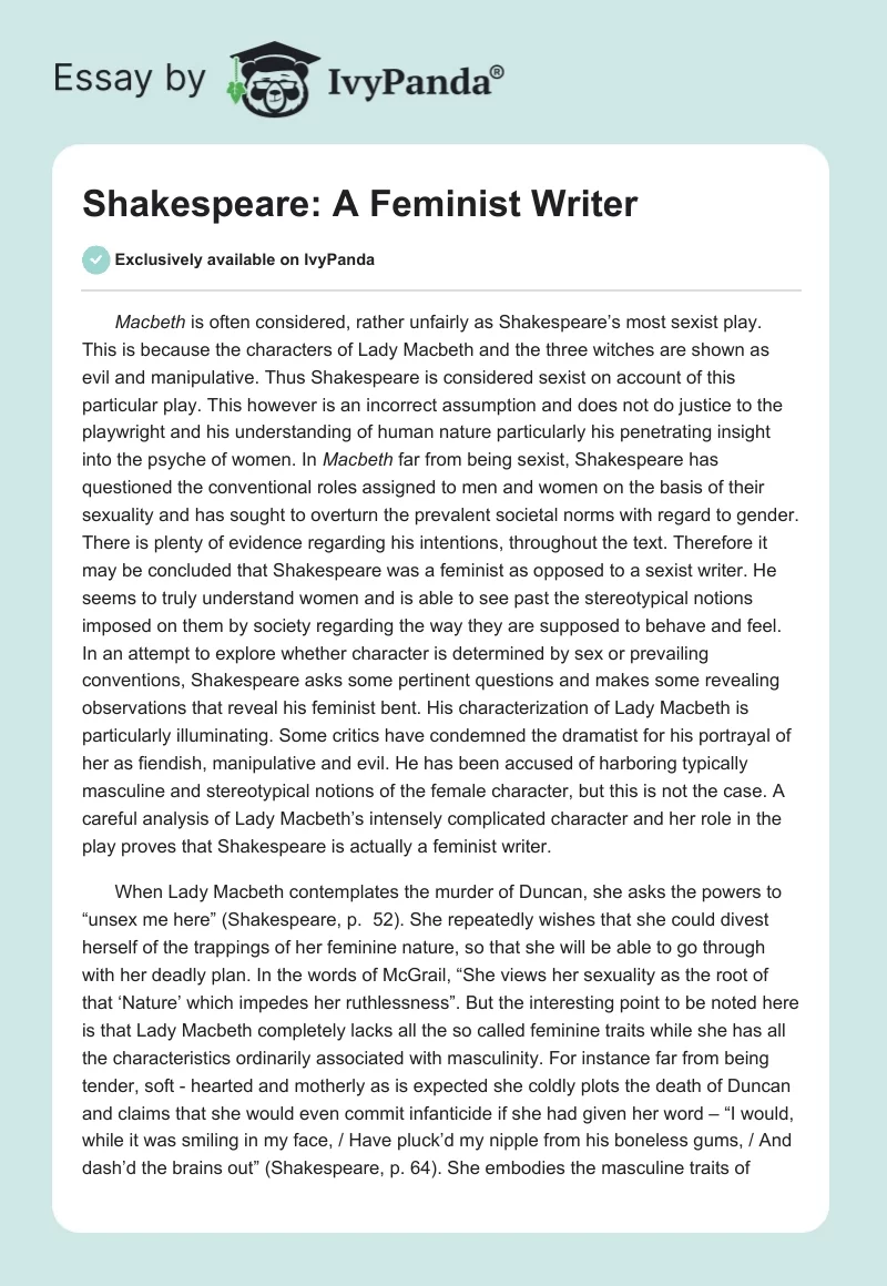 Shakespeare: A Feminist Writer. Page 1