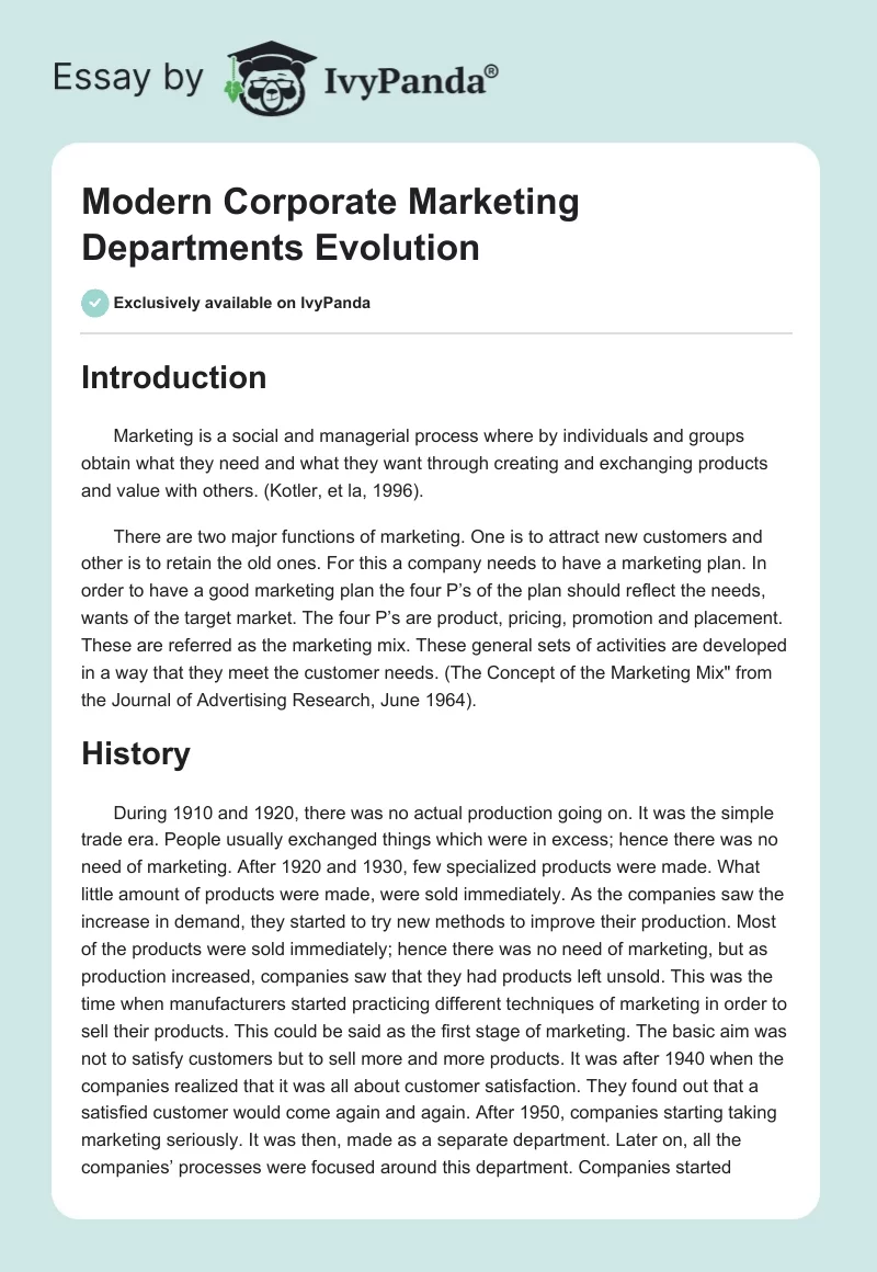 Modern Corporate Marketing Departments Evolution. Page 1
