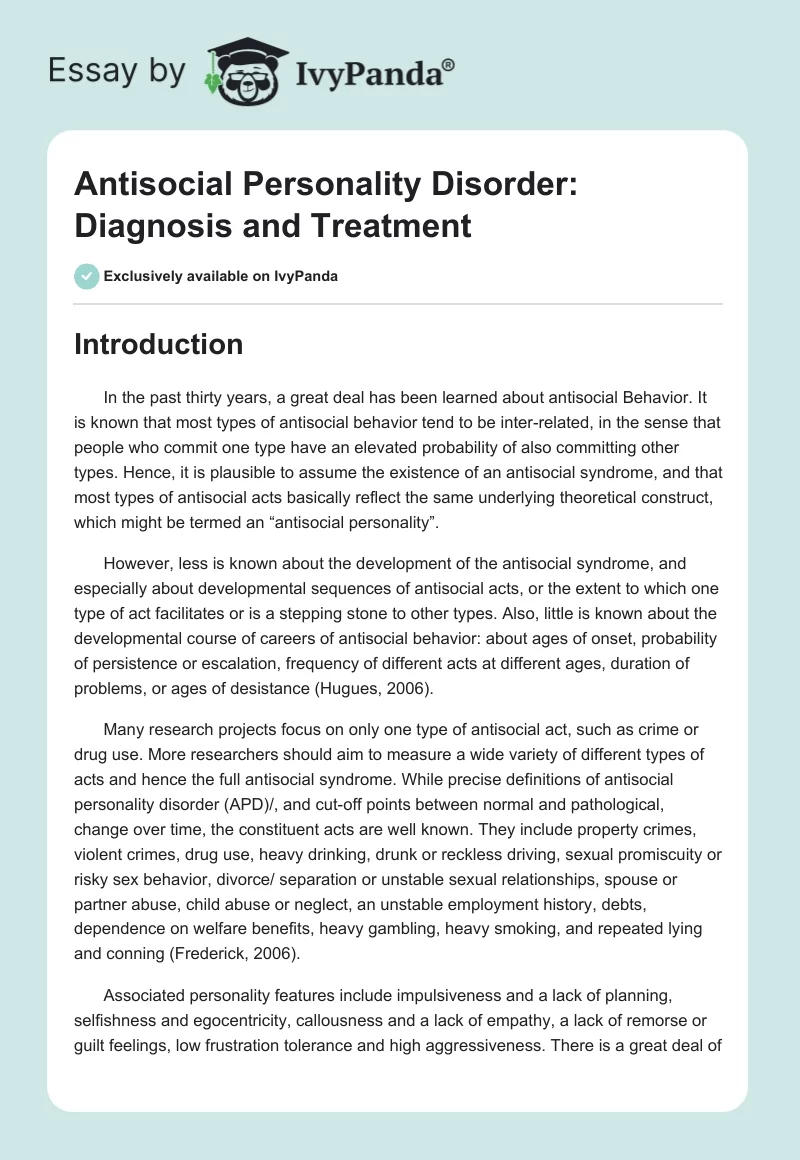 Antisocial Personality Disorder: Diagnosis and Treatment. Page 1