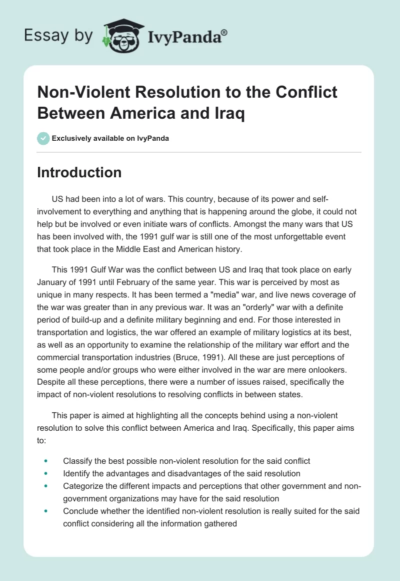 Non-Violent Resolution to the Conflict Between America and Iraq. Page 1