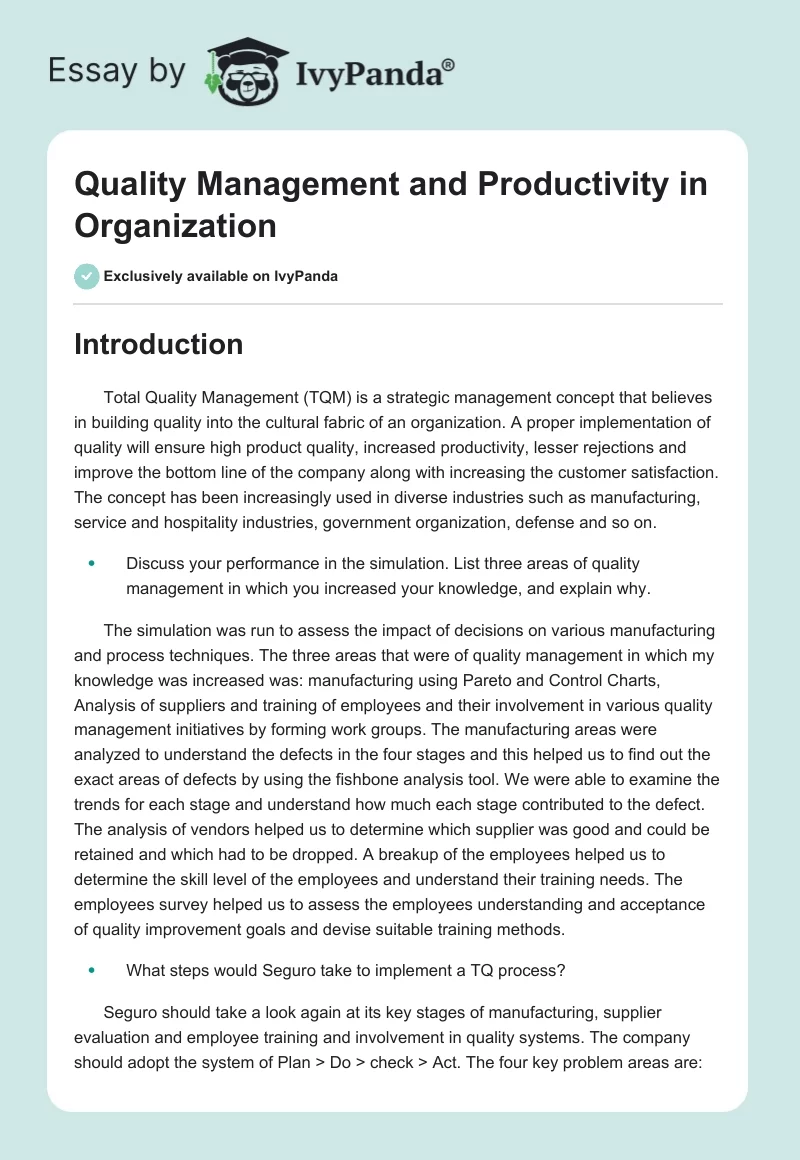 Quality Management and Productivity in Organization. Page 1