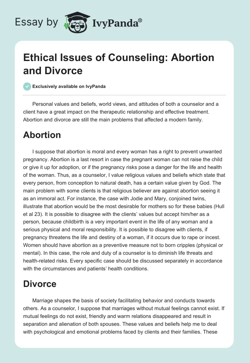 Ethical Issues of Counseling: Abortion and Divorce. Page 1