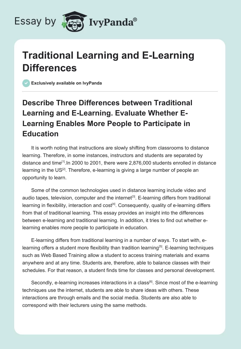 Traditional Learning and E-Learning Differences. Page 1