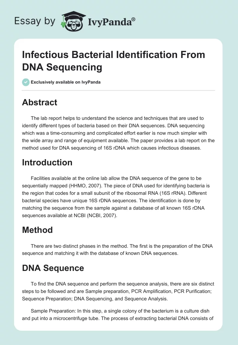 Infectious Bacterial Identification From DNA Sequencing. Page 1