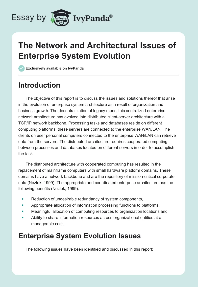 The Network and Architectural Issues of Enterprise System Evolution. Page 1