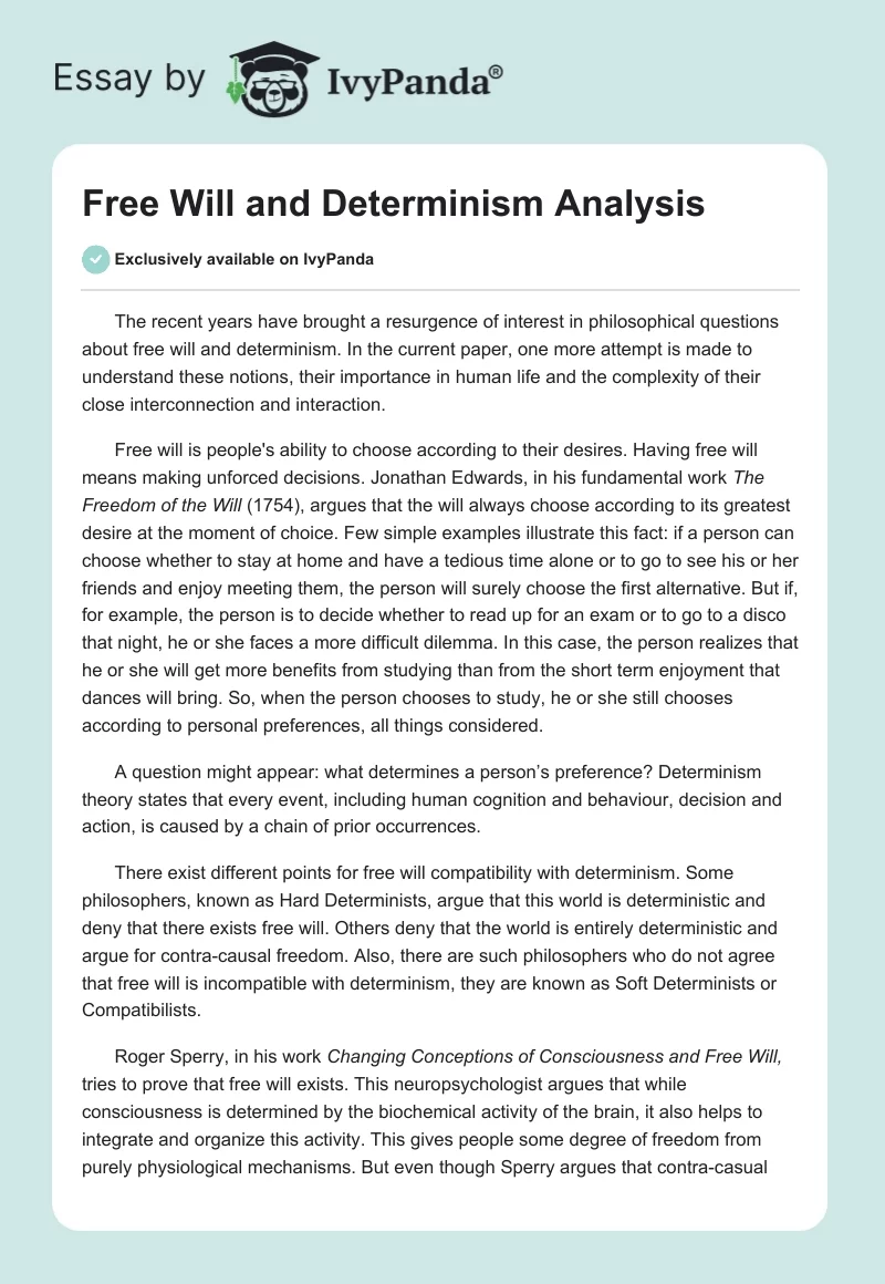 Free Will and Determinism Analysis. Page 1