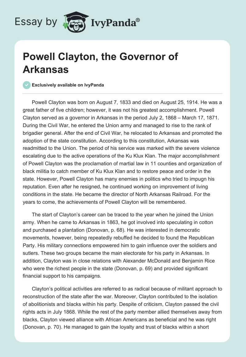 Powell Clayton, the Governor of Arkansas. Page 1