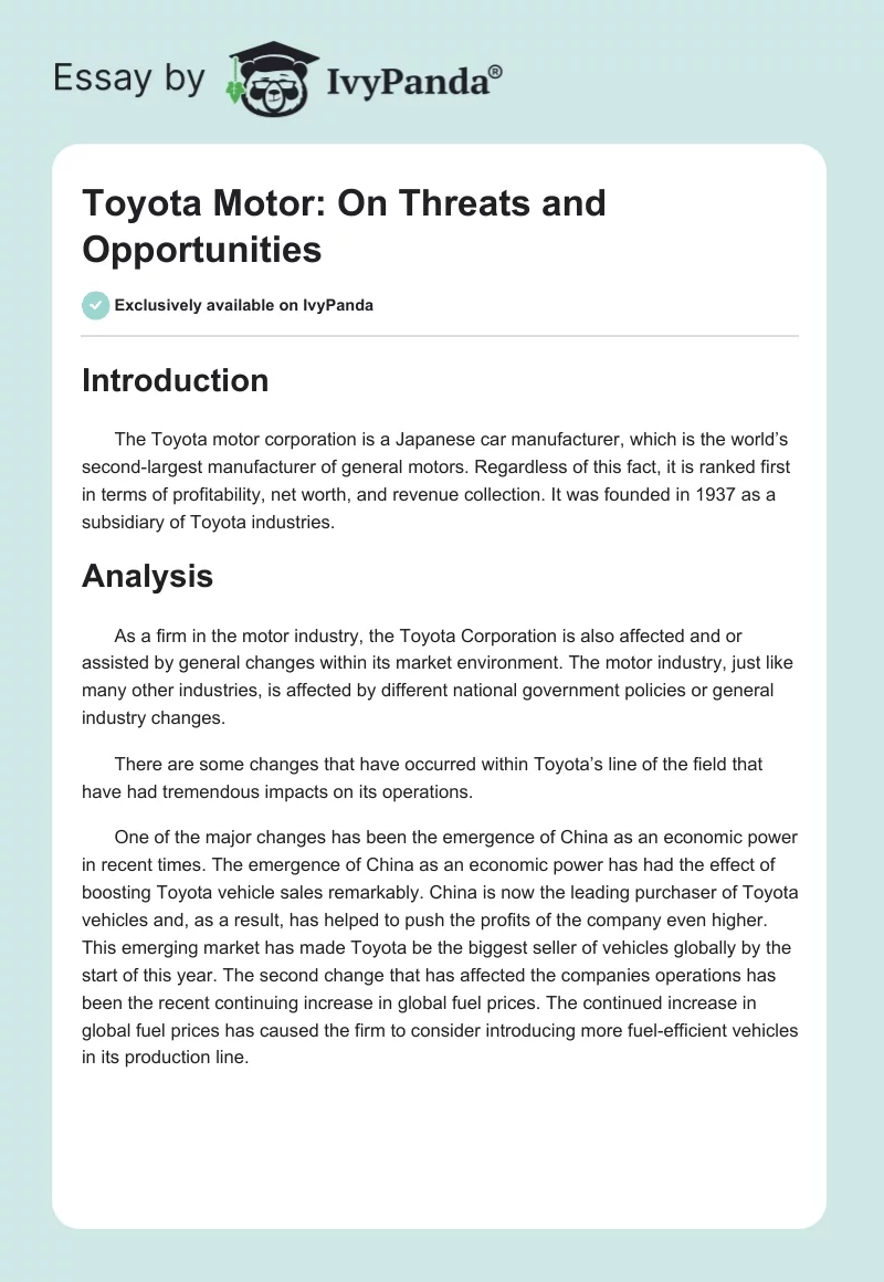 Toyota Motor: On Threats and Opportunities. Page 1