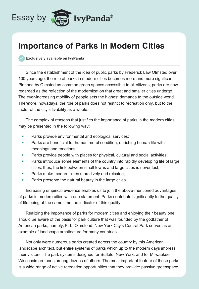 Importance of Parks in Modern Cities. Page 1