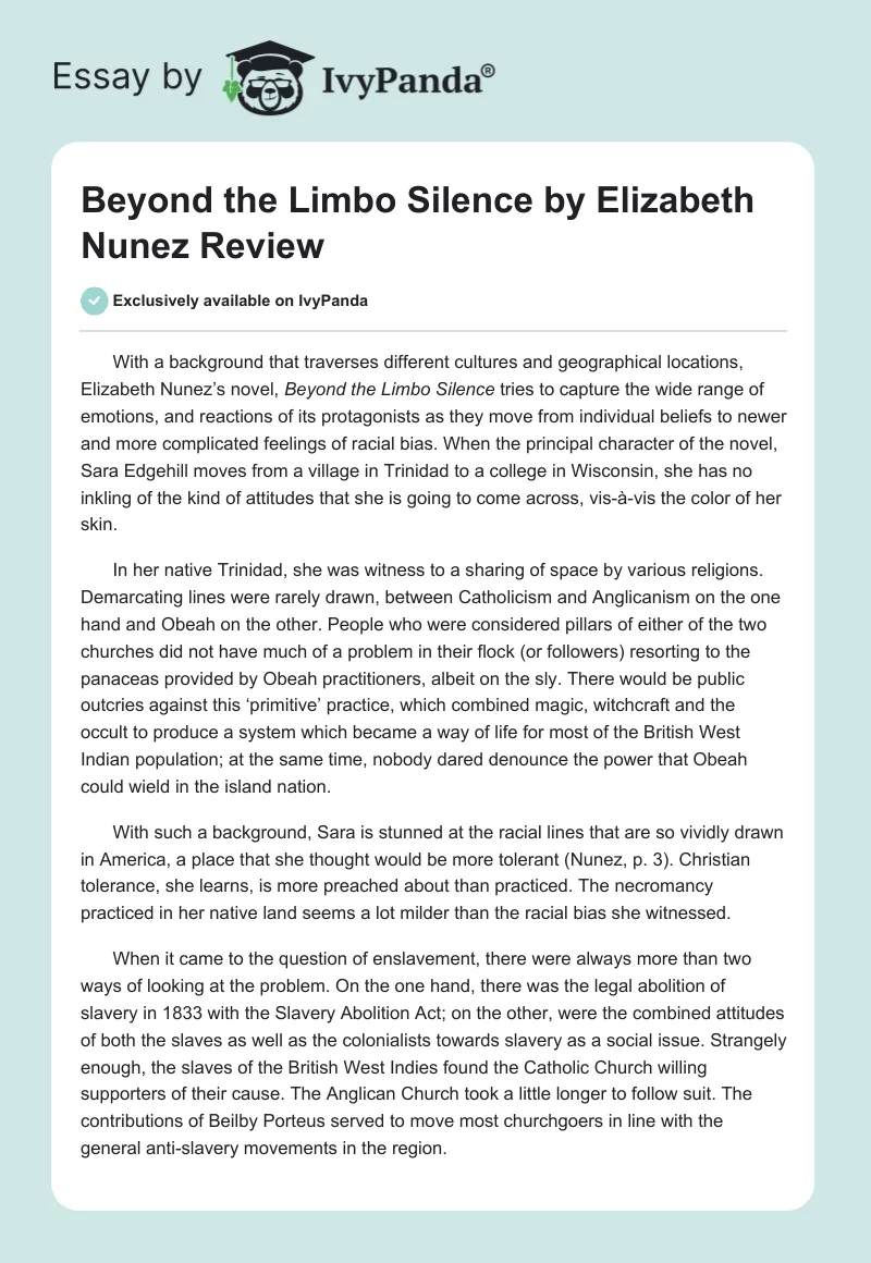 "Beyond the Limbo Silence" by Elizabeth Nunez Review. Page 1