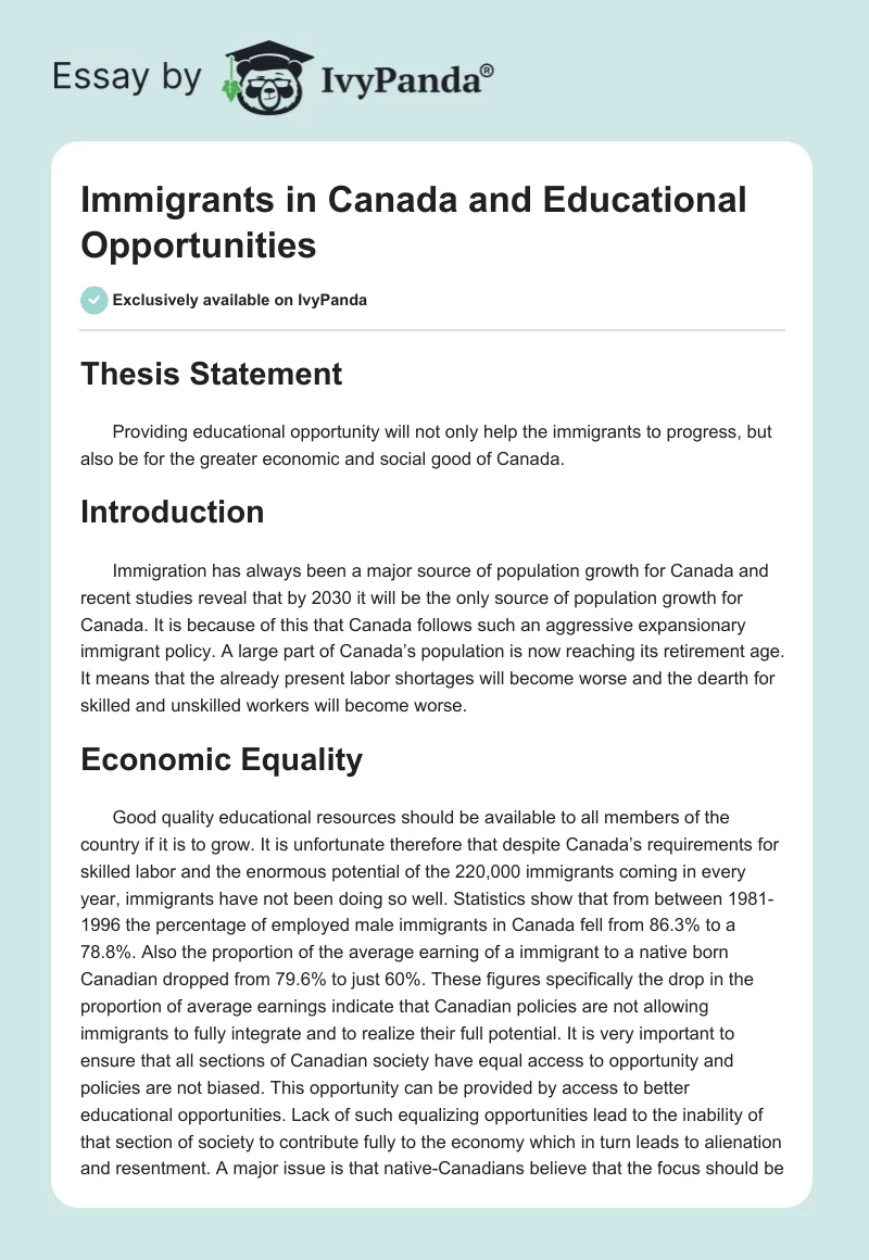 Immigrants in Canada and Educational Opportunities. Page 1