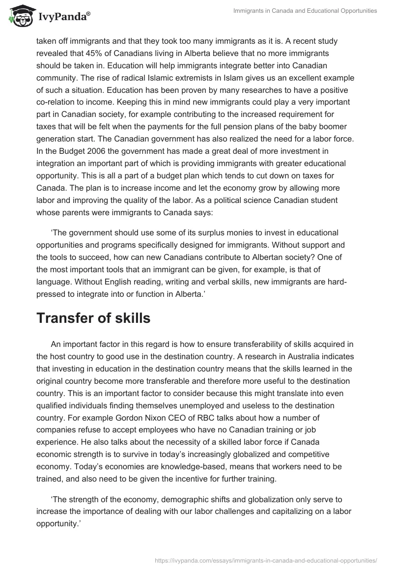 Immigrants in Canada and Educational Opportunities. Page 2