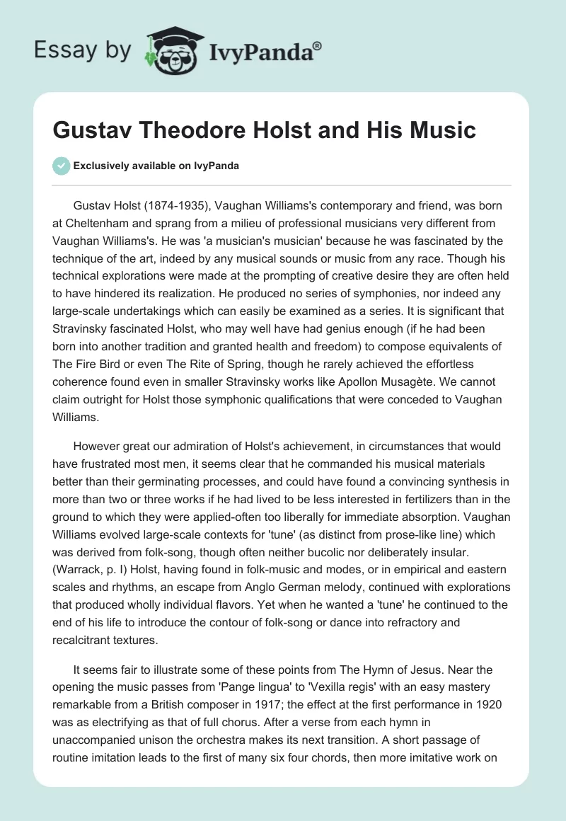 Gustav Theodore Holst and His Music. Page 1