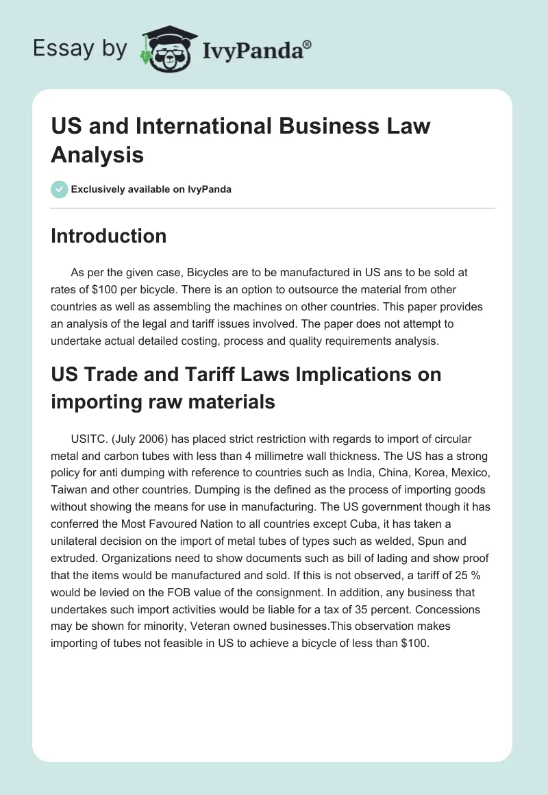 US and International Business Law Analysis. Page 1